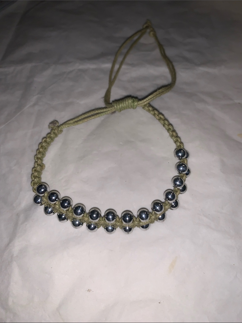 Beaded Macramé Bracelet in Olive Green with Silver Beads